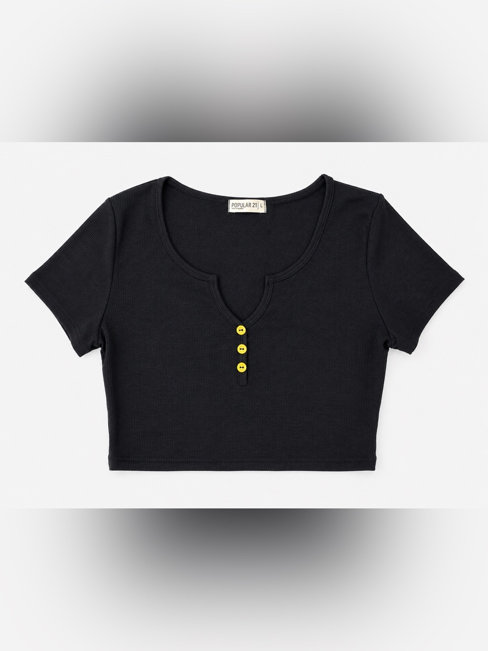 Popular 21 Black Ribbed Crop Top Yellow Button‎ Detail Size L
